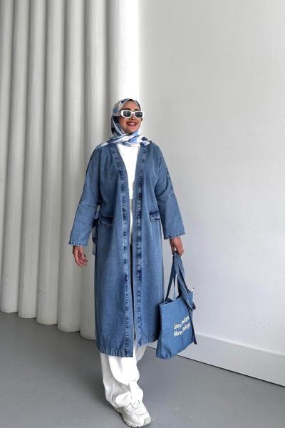 Kuşaklı Uzun Kot Ceket  Mavi