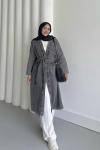 Kuşaklı Uzun Kot Ceket  Kar Yıkama Gri
