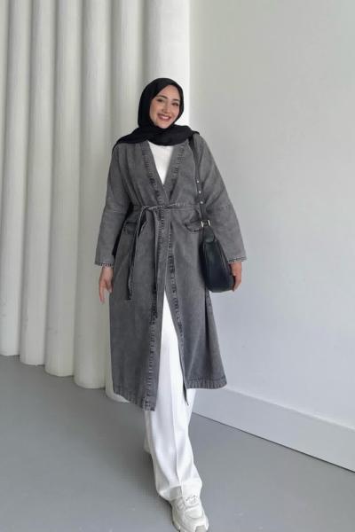 Kuşaklı Uzun Kot Ceket  Kar Yıkama Gri
