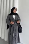 Kuşaklı Uzun Kot Ceket  Kar Yıkama Gri