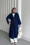 Kuşaklı Uzun Kot Ceket  Lacivert