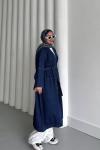 Kuşaklı Uzun Kot Ceket  Lacivert
