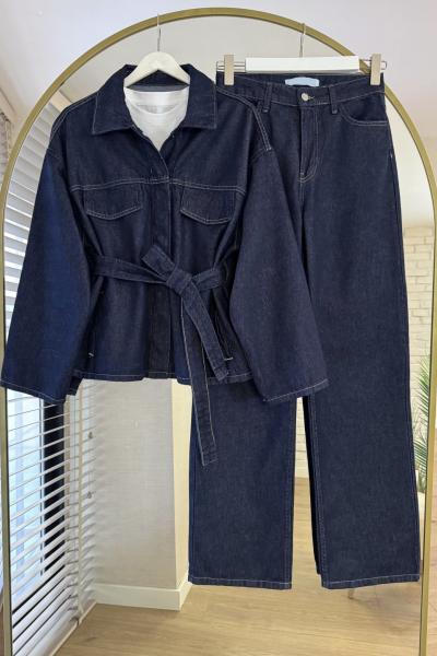 Belden Bağlamalı Denim Takım Lacivert