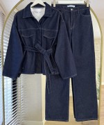 Belden Bağlamalı Denim Takım Lacivert