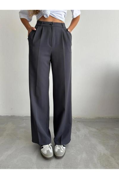 Pileli Palazzo Kumaş Pantolon Füme