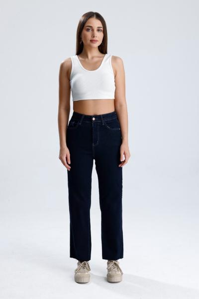 Kesik Paça Mom Jean Koyu Lacivert