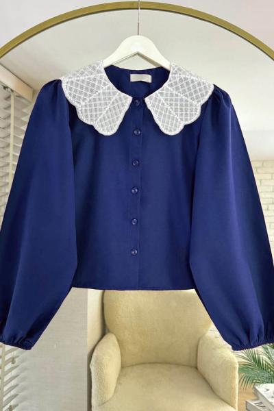 Boncuk Yakalı Kısa Gömlek Lacivert