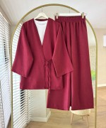 Bağlamalı Keten Kimono Takım Bordo