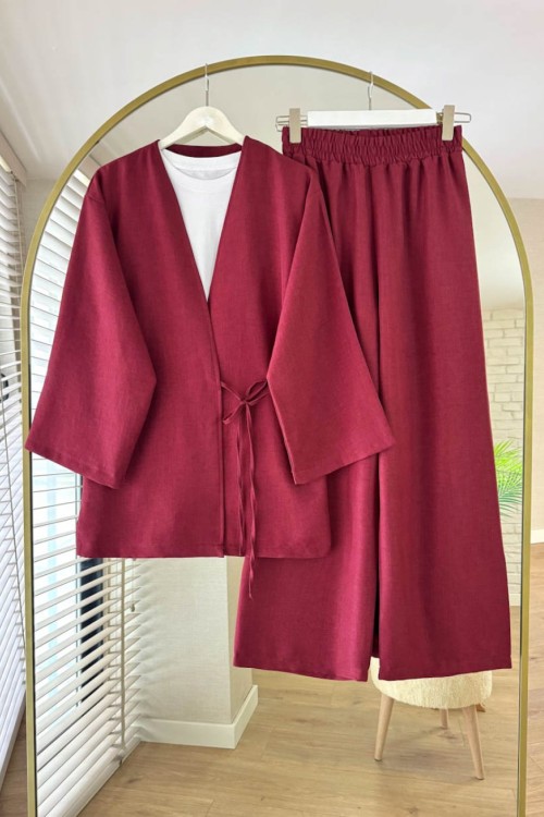 Bağlamalı Keten Kimono Takım Bordo