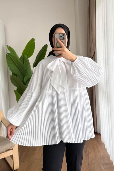 Piliseli Lose Gömlek Beyaz