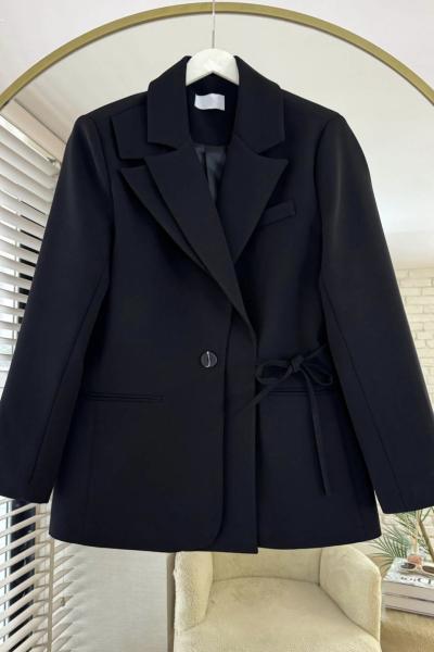 Çift Yaka Bağlamalı Ceket Siyah