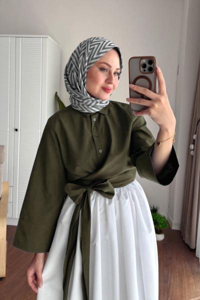 Kuşaklı Tasarım Gömlek Haki