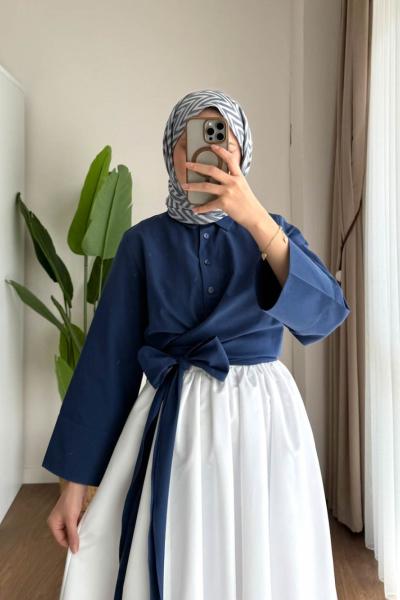 Kuşaklı Tasarım Gömlek Lacivert