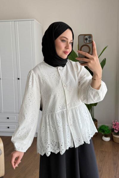 Robalı Brode Gömlek Beyaz
