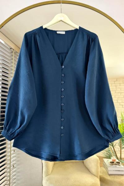 V Yaka Pes Modal Gömlek Lacivert