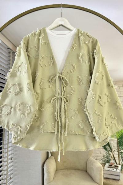 Püsküllü Keten Kimono Yeşil