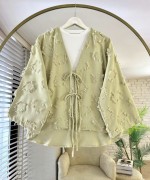 Püsküllü Keten Kimono Yeşil