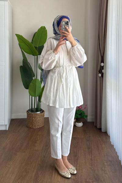 Önü Pensli Keten Gömlek Ekru