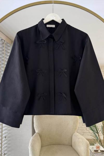 Fiyonklu Kısa Gömlek Siyah