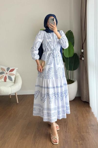 Etnik Desenli Elbise Beyaz