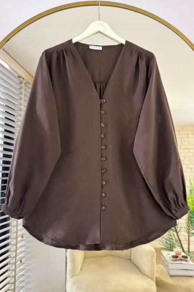 V Yaka Pes Modal Gömlek Acı Kahve