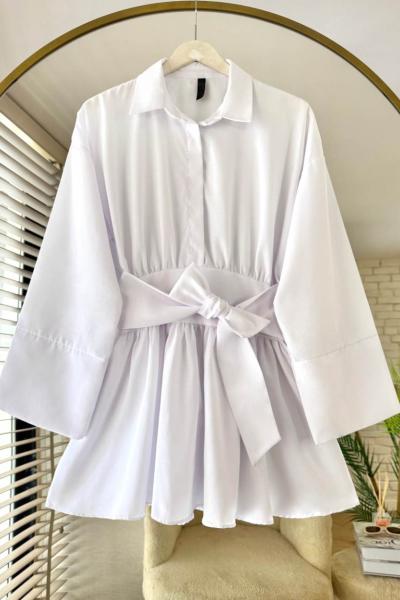 Yarım Patlı Beli Kuşaklı Gömlek Beyaz