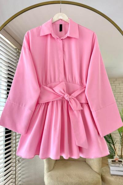 Yarım Patlı Beli Kuşaklı Gömlek Pembe
