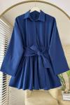Yarım Patlı Beli Kuşaklı Gömlek Lacivert