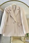 Çift Yaka Bağlamalı Ceket Krem