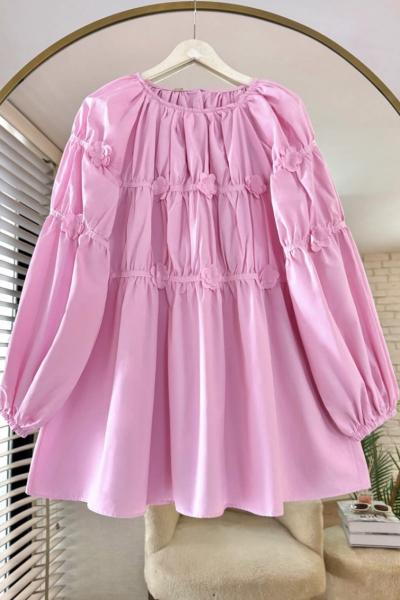 Çiçek İşlemeli Tunik Pembe