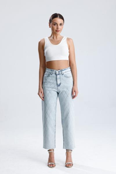 Büyük Baklava Taşlı Kesik Paça Pantolon Kar Yıkama Mavi