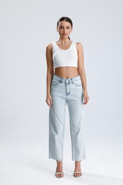 Damla Taş Baskılı Kesik Paça Pantolon Kar Yıkama Mavi