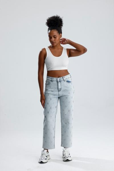 Çiçek Taş Baskılı Kesik Paça Pantolon Kar Yıkama Mavi