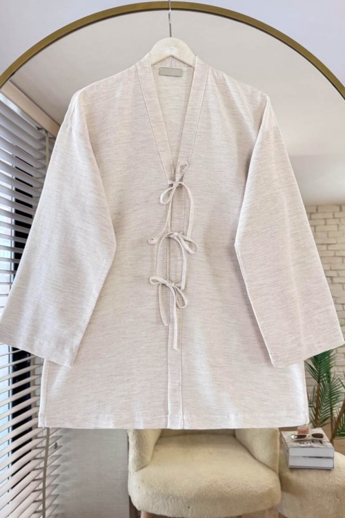 Üç Bağcıklı Keten Kimono Ekru