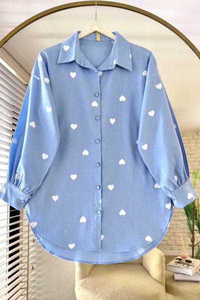 Kalp Baskılı Keten Gömlek Mavi