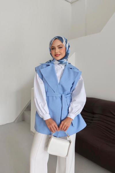 Fleto Cepli Kuşaklı Yelek Mavi