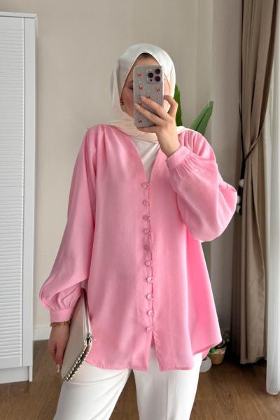 V Yaka Pes Modal Gömlek Pembe