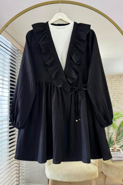 Yakası Fırfırlı Ceket Siyah