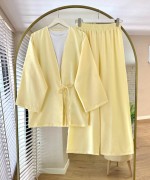 Bağlamalı Keten Kimono Takım Sarı