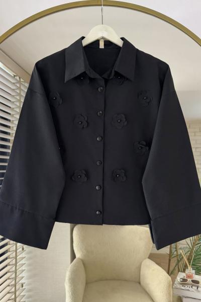 Çiçek İşlemeli Kısa Gömlek Siyah