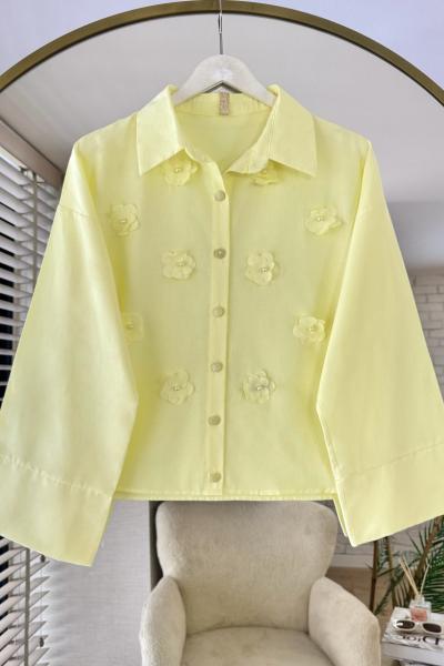 Çiçek İşlemeli Kısa Gömlek Sarı