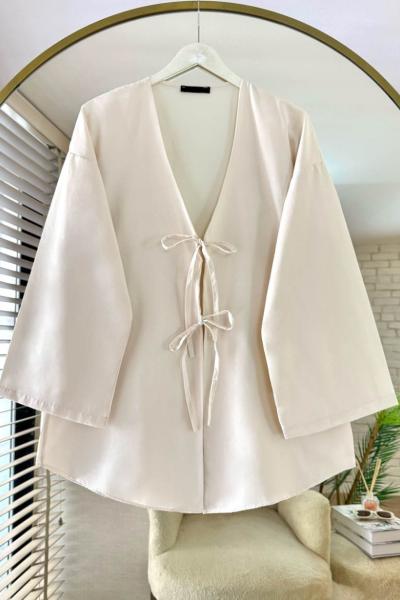 Çift Bağcıklı Poplin Kimono Krem