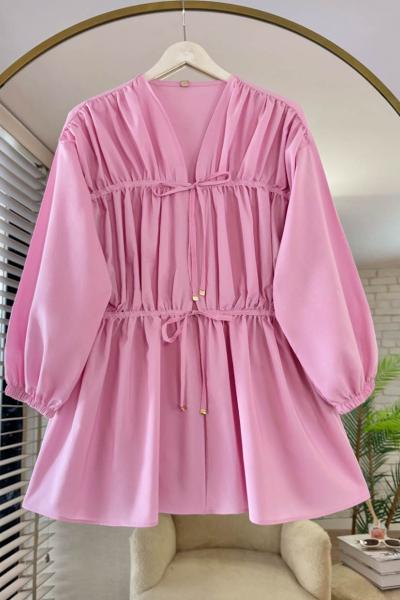 Önü Büzgülü Biyeli Tunik Pembe