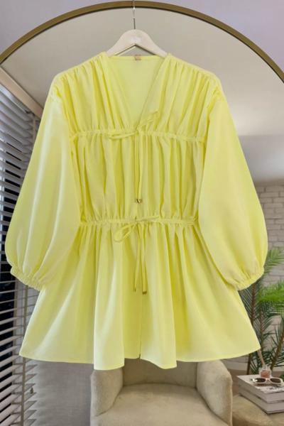 Önü Büzgülü Biyeli Tunik Sarı