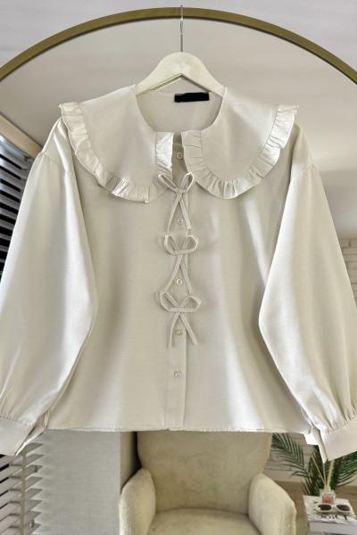 Marul Yaka Fiyonklu Kısa Gömlek Krem