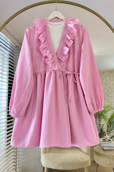 Yakası Fırfırlı Ceket Pembe