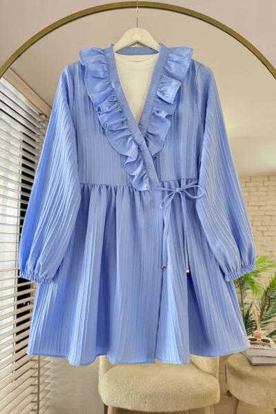 Yakası Fırfırlı Ceket Mavi