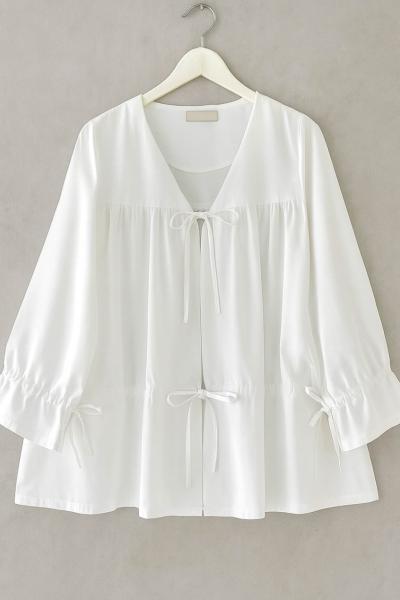 Büzgülü Poplin Kimono Beyaz