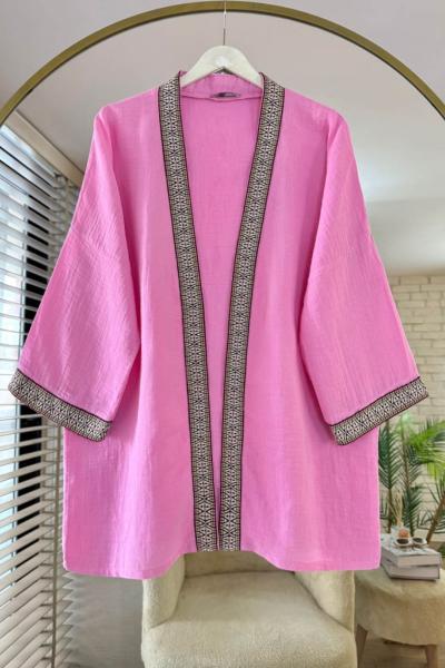 Kilim Şeritli Müslin Kimono Pembe
