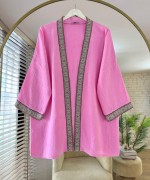 Kilim Şeritli Müslin Kimono Pembe